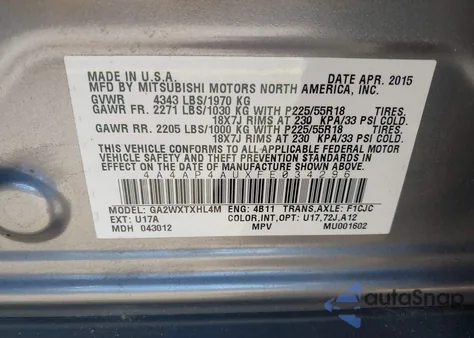 2015 Mitsubishi Outlander Sport Se z USA, uszkodzony, nr VIN 4A4AP4AUXFE034296